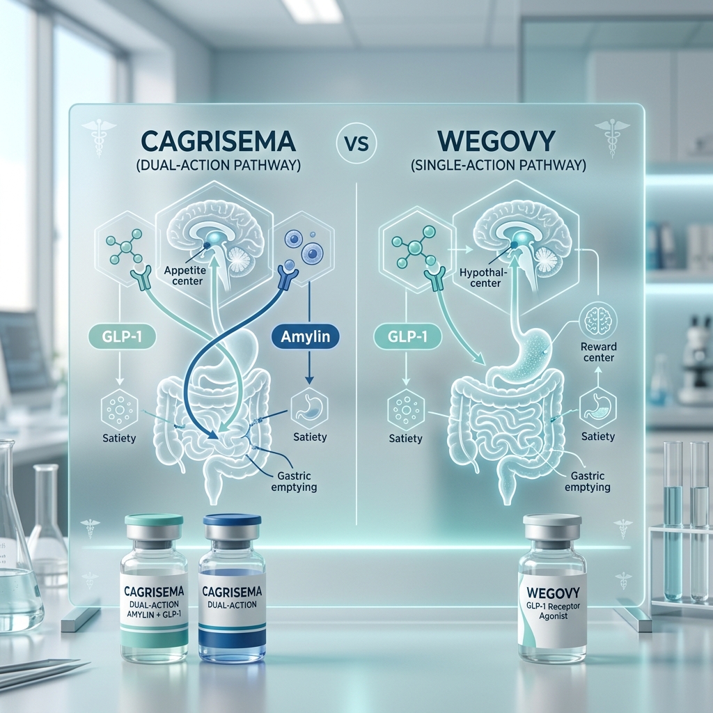 Clinical comparison diagram of CagriSema and Wegovy mechanisms of action and weight loss percentages
