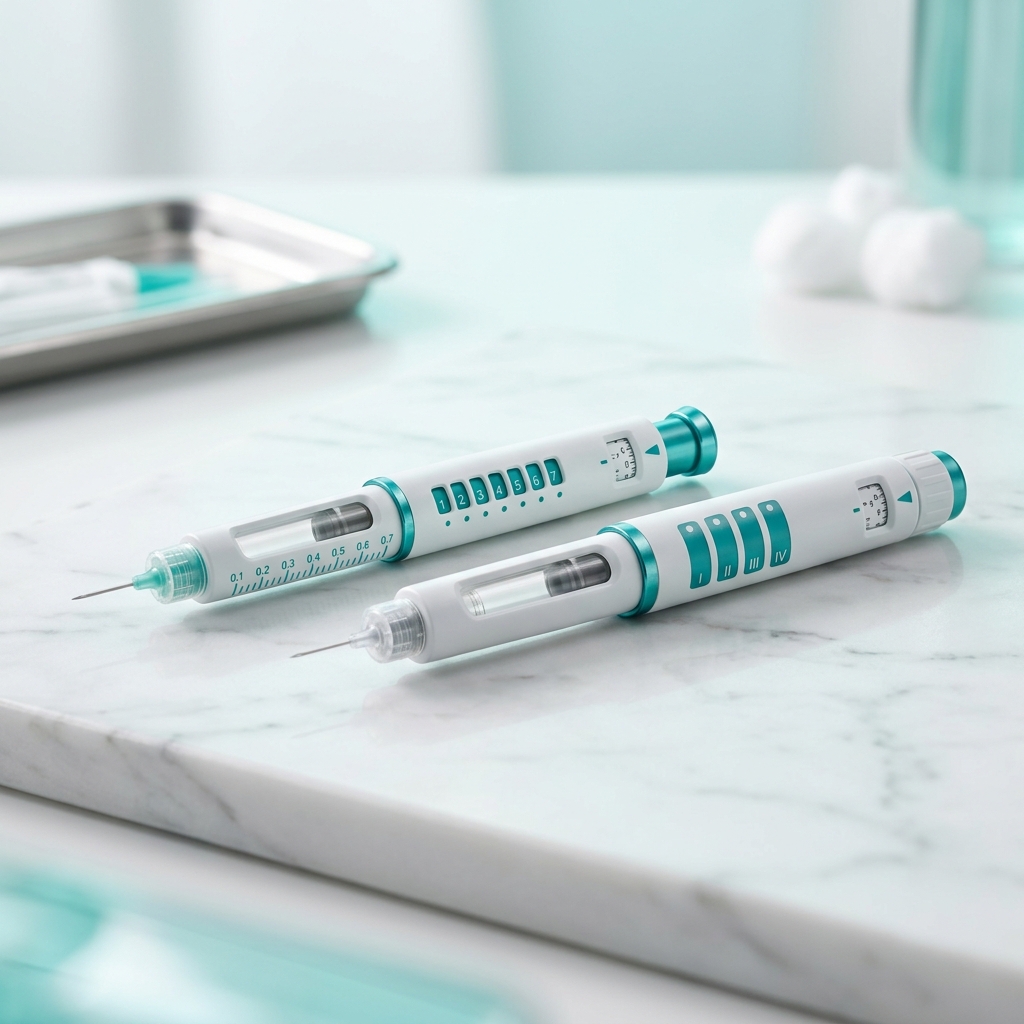 Two injection pens on marble surface comparing daily and weekly GLP-1 dosing schedules