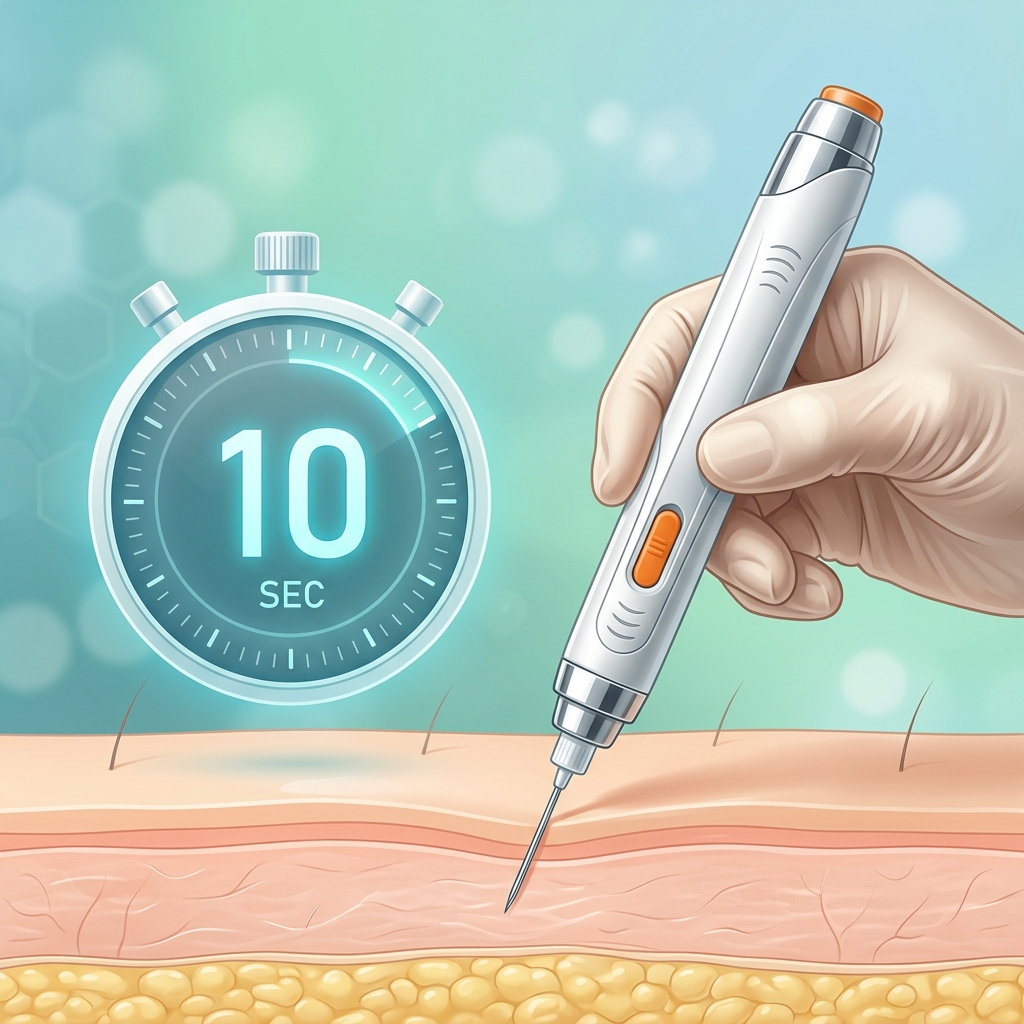 Clinical step-by-step guide for subcutaneous semaglutide injection showing 90-degree angle and 10-second hold rule