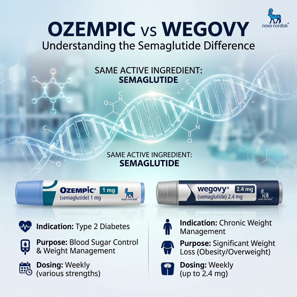 Ozempic and Wegovy injection pens side by side showing they contain the same semaglutide molecule