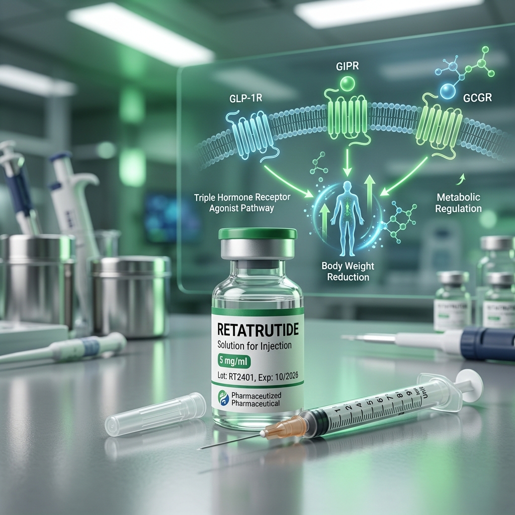 Retatrutide clinical injection vial, syringe, and biochemical illustration of GIP, GLP-1, and glucagon triple receptor agonist pathway