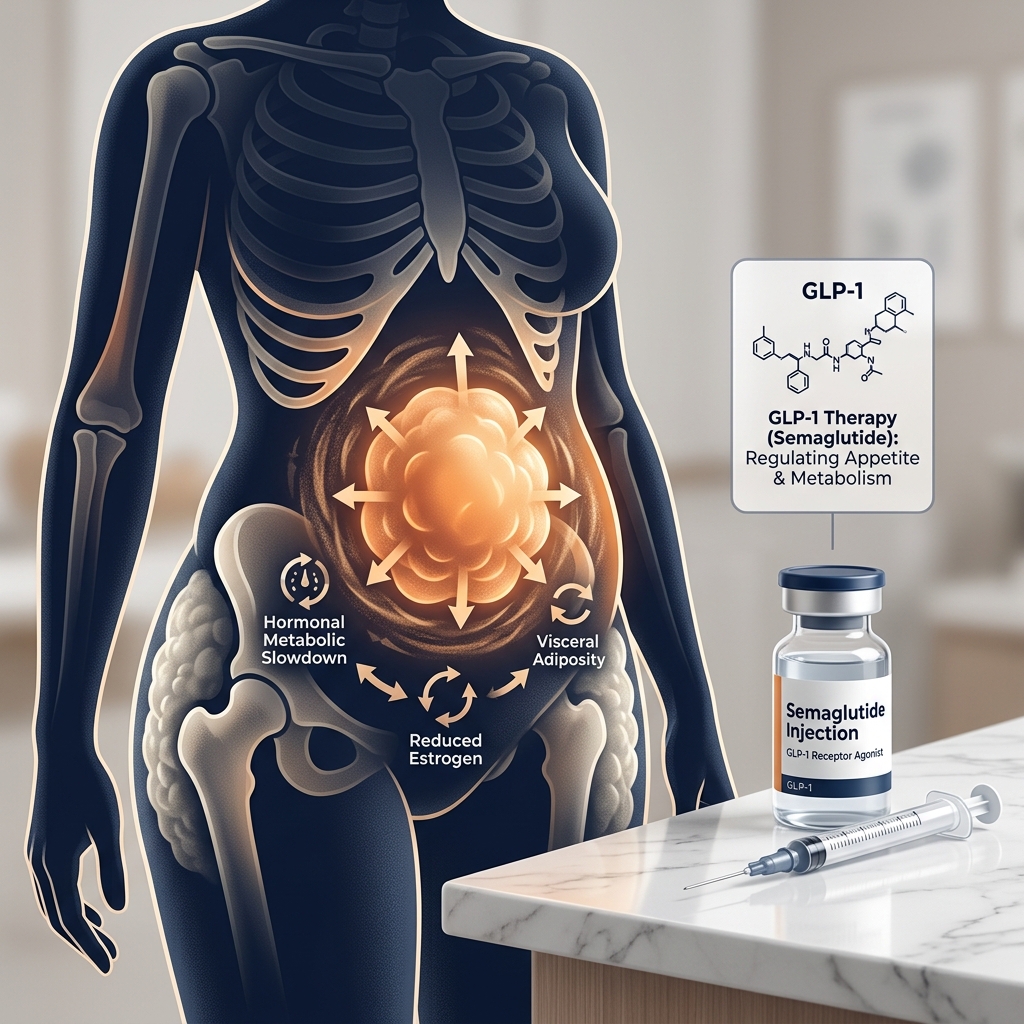 Clinical guide illustration depicting metabolic resetting, hormone replacements, and body composition changes in menopausal women on semaglutide