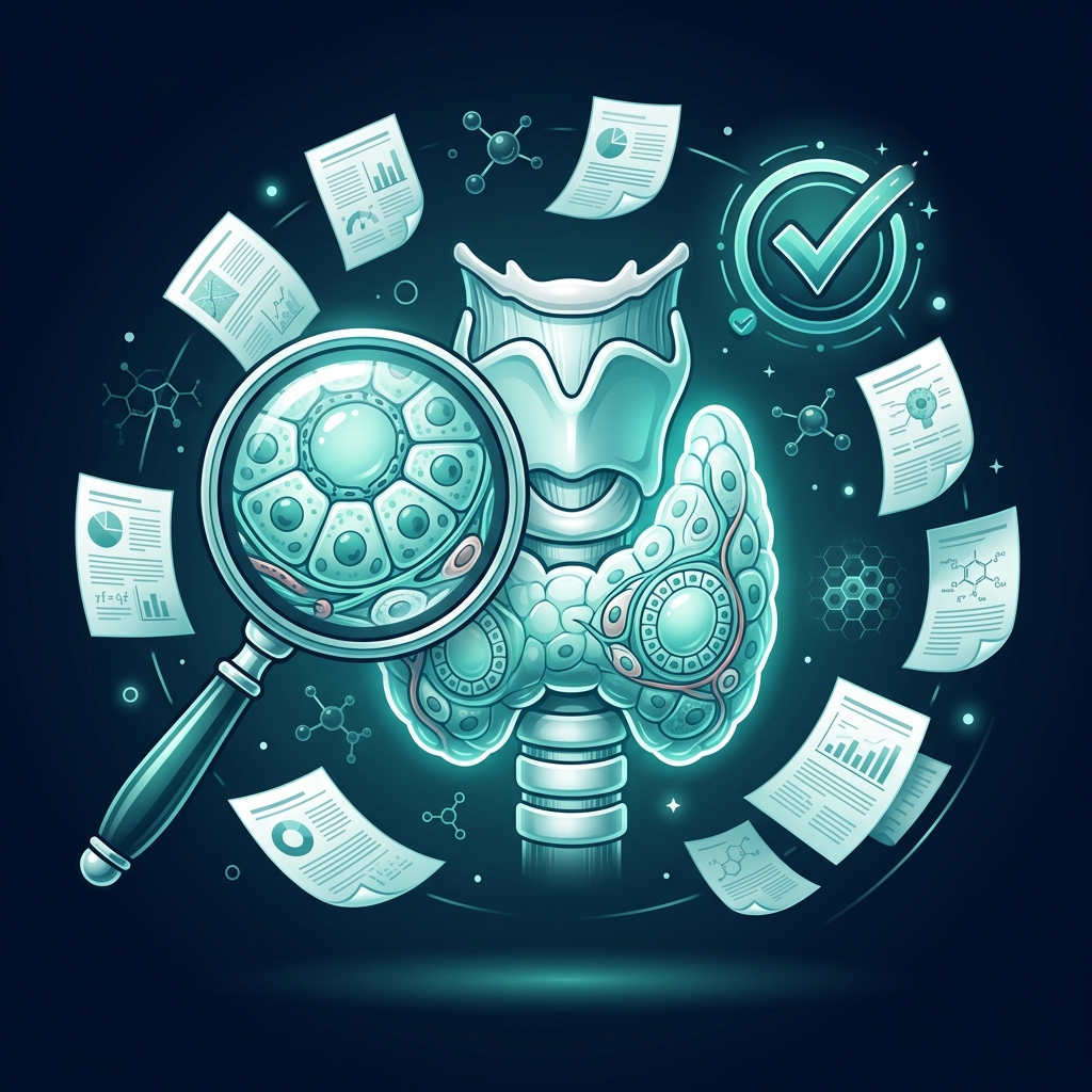 Scientific illustration of thyroid gland with magnifying glass and fact-check icon representing clinical safety evidence
