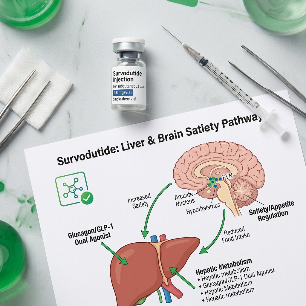 Clinical trials and dual receptor pathway illustration for survodutide