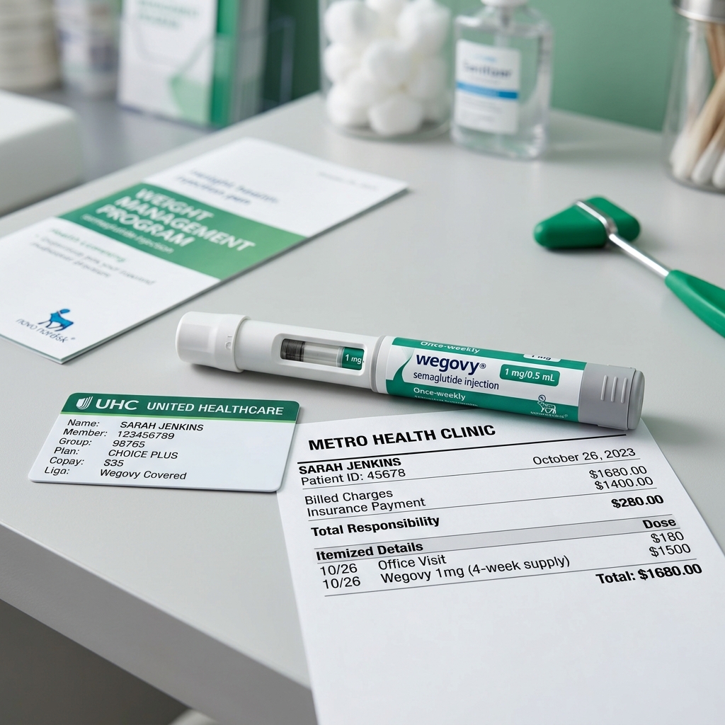 Wegovy injection pen next to insurance card and clinical billing statement