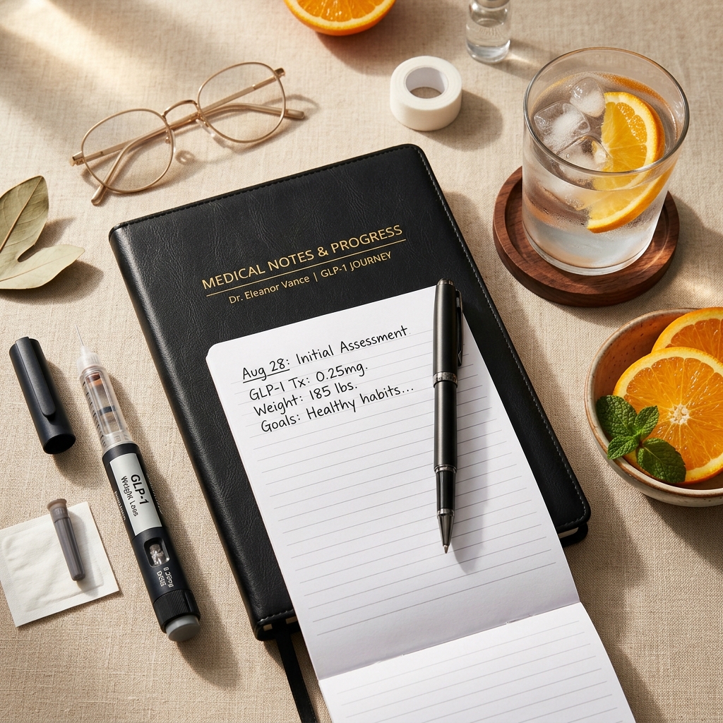 Flat-lay representation of clinical progress notes and GLP-1 starting essentials